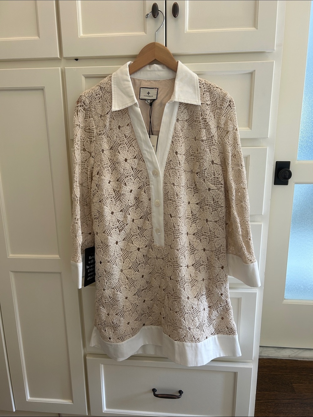 Tuckernuck Beige Collier Crochet Polo Tunic with White Trim